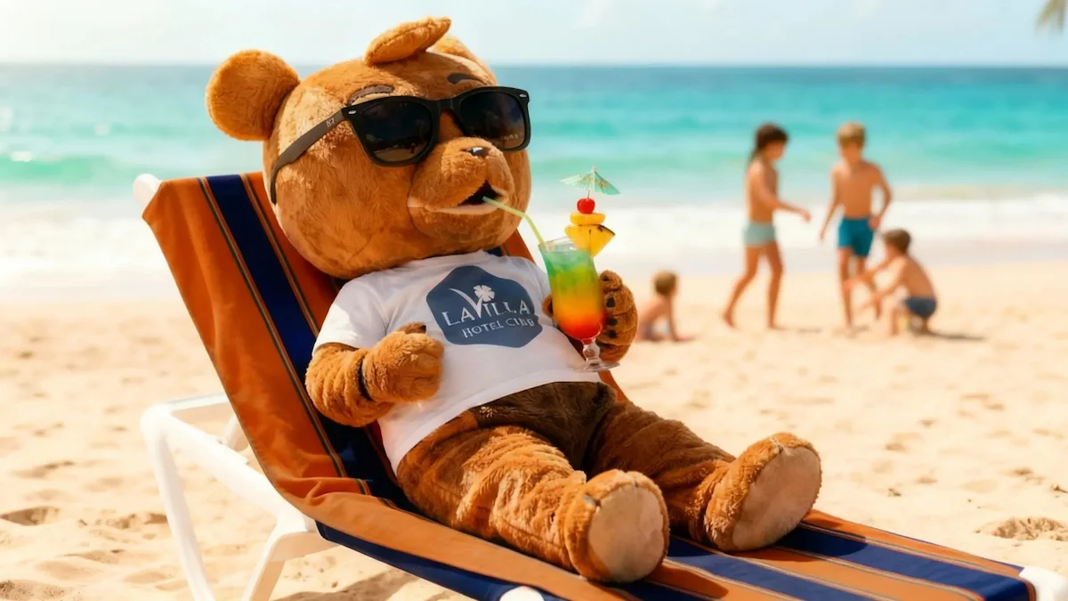 orsetto miele in spiaggia, sul lettino, beve un drink